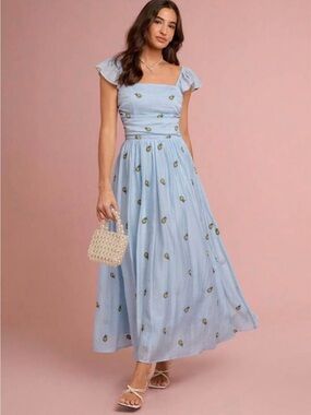 Light Blue Maxi Dress with Lemon Embroidery